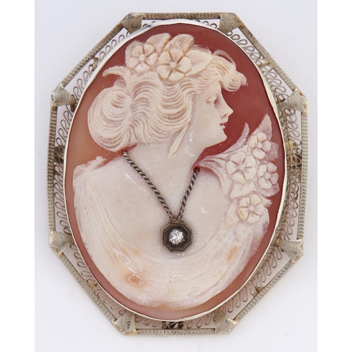 Appraisal: A diamond set cameo brooch in octagonal white gold openwork