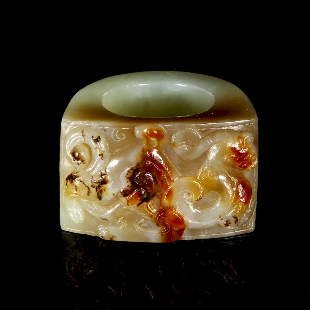 Appraisal: Chinese Carved Hetian Jade Archer Thumb Ring Carved Hetian Jade