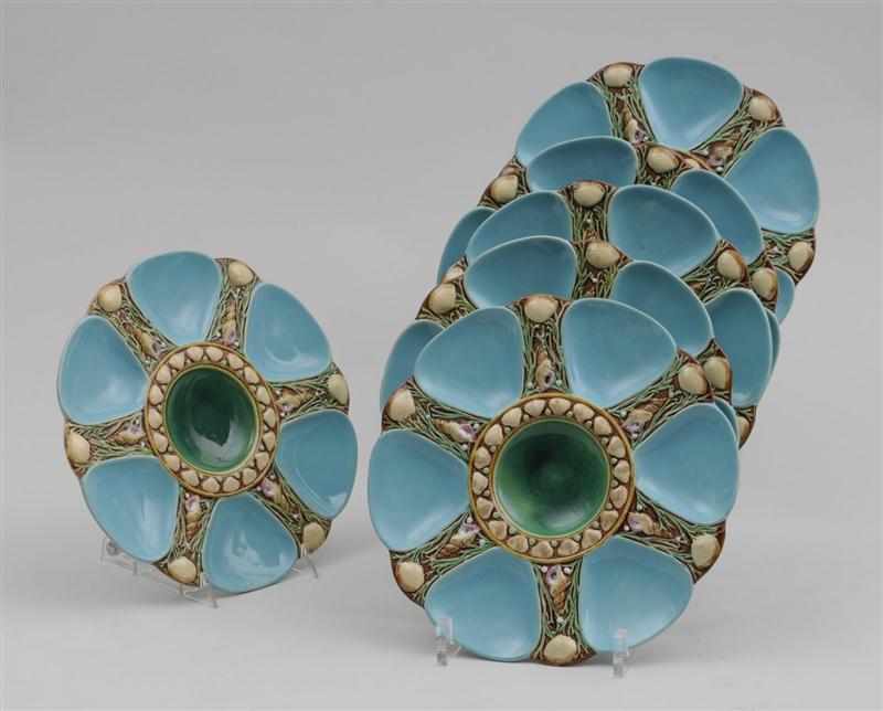 Appraisal: SET OF SIX MINTON TURQUOISE-GLAZED MAJOLICA OYSTER PLATES Impressed Minton