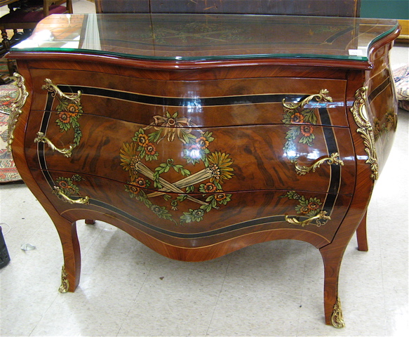 Appraisal: LOUIS XV STYLE BOMBE COMMODE with painted floral decoration across