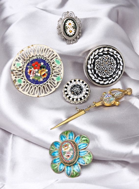 Appraisal: Italy Six unique pieces including plique- -jour enamel and mosaic