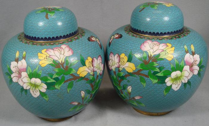 Appraisal: Pr blue cloisonne ginger jars floral butterfly h Estimate -