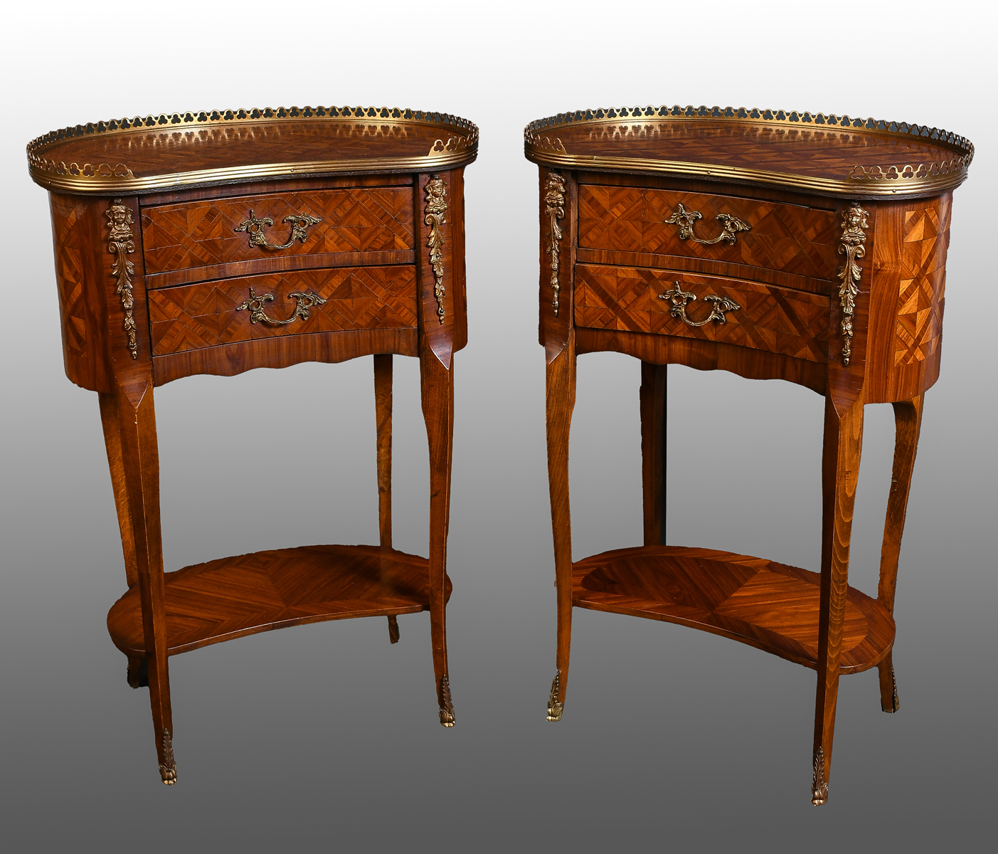 Appraisal: FRENCH PARQUETRY INLAID LAMP TABLES WITH ORMOLU MOUNTS - parquetry