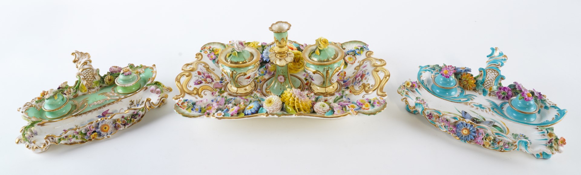 Appraisal: THREE ENGLISH PORCELAIN INKSTANDS Circa The first probably Minton or