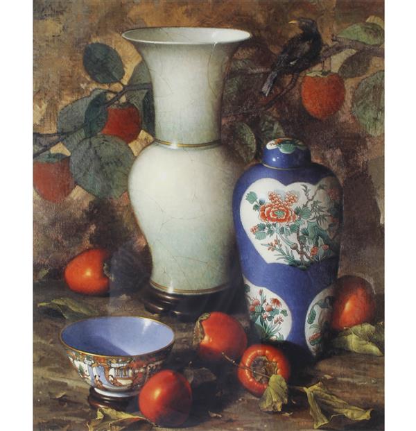 Appraisal: Frederik Grue American - Still Life with Persimmons and Chinese