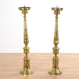 Appraisal: Pair monumental Continental brass altar sticks Pair monumental Continental brass