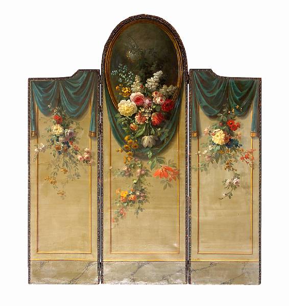 Appraisal: A Neoclassical style brass mounted leather and canvas painted three