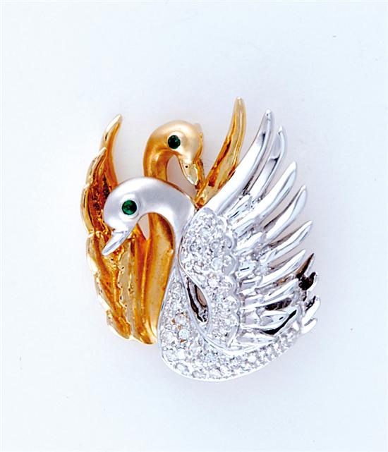 Appraisal: Art Deco style swan-form brooch round diamond-set body emerald-set eyes