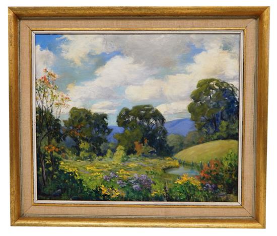 Appraisal: Flora Binks Connecticut - oil on canvas summer landscape depicting