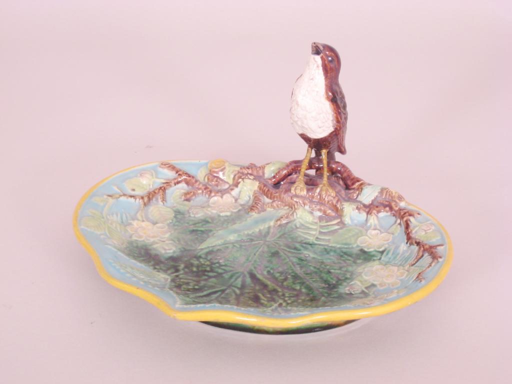 Appraisal: A George Jones majolica kidney shape Dish with bird surmount