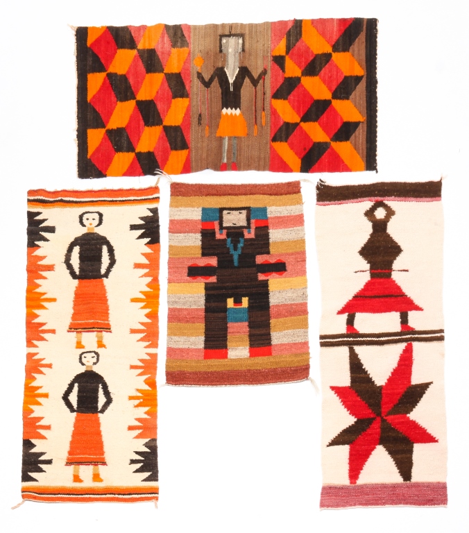 Appraisal: FOUR NAVAJO FIGURAL MATS Mid th century wool Two Yei