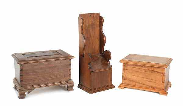 Appraisal: Two miniature walnut blanket chests and a hanging tobacco box