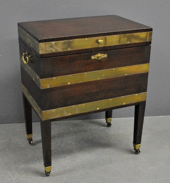 Appraisal: - Georgian style mahogany brass-bound wine cooler with galvanized metal