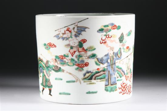 Appraisal: CHINESE FAMILLE VERTE PORCELAIN BRUSH POT Kangxi mark Figural decoration