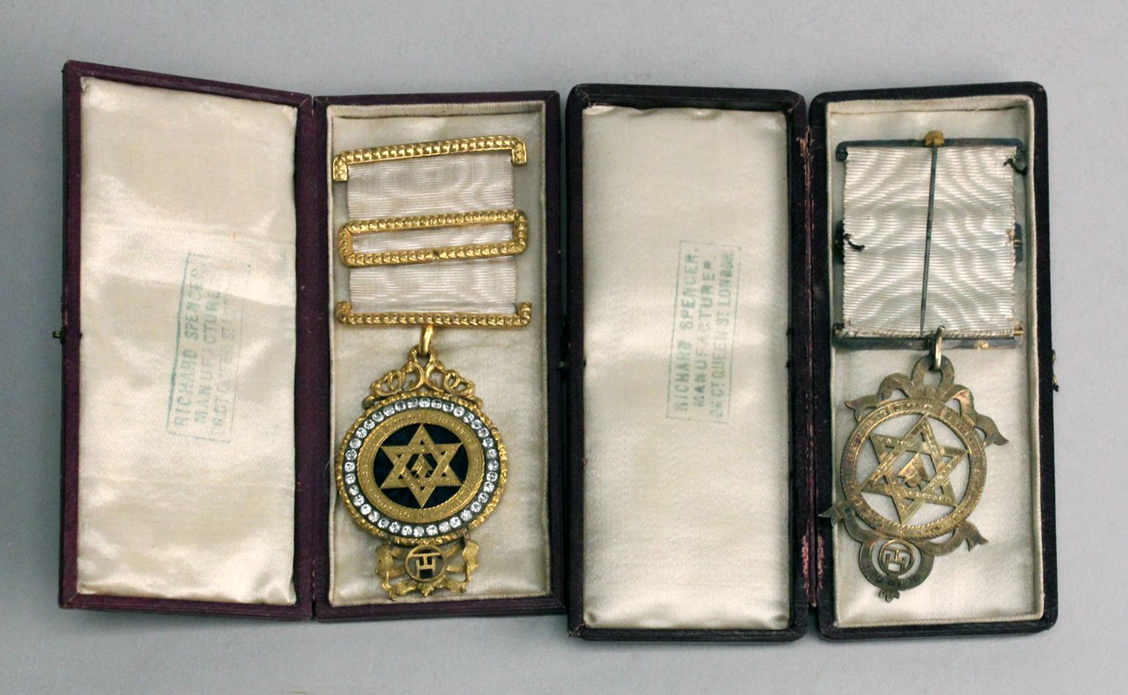 Appraisal: TWO CASED ROYAL ARCH COMPANION BREAST JEWELS One is gilt-silver