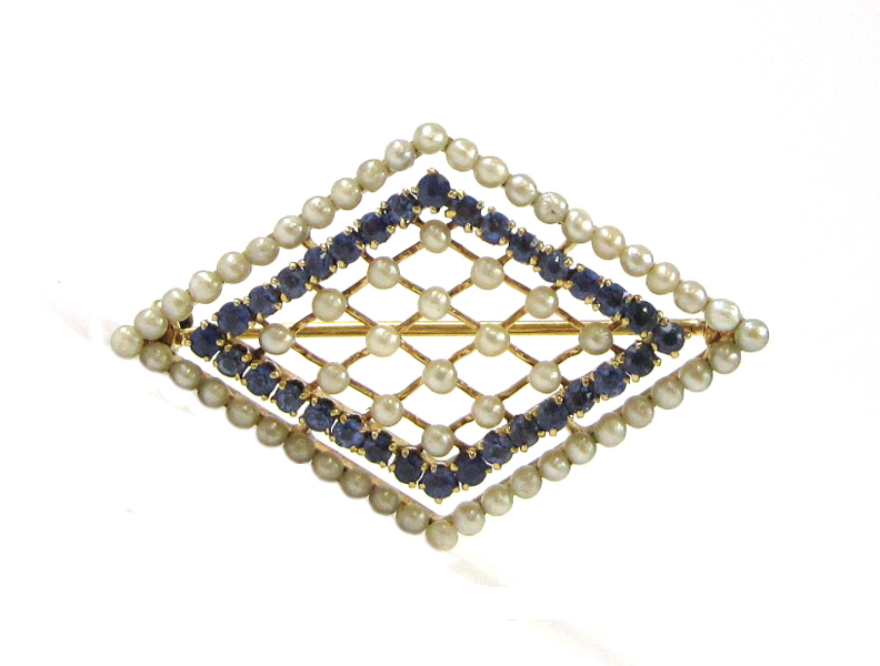 Appraisal: SAPPHIRE SEED PEARL AND YELLOW GOLD PIN The k yellow