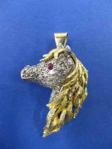 Appraisal: Diamond Figural Horsehead Brooch orPendant round diamonds totaling carats ruby