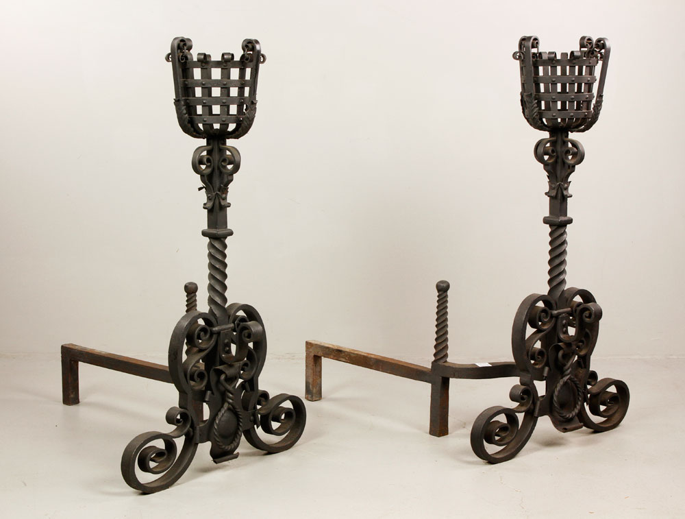 Appraisal: - Pr Early Wrought Iron Andirons Pair of early andirons