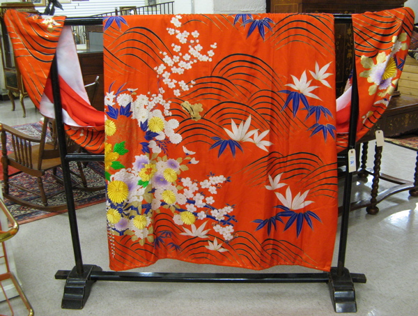 Appraisal: JAPANESE EMBROIDERED SILK WEDDING KIMONO WITH IKO FLOOR STAND late