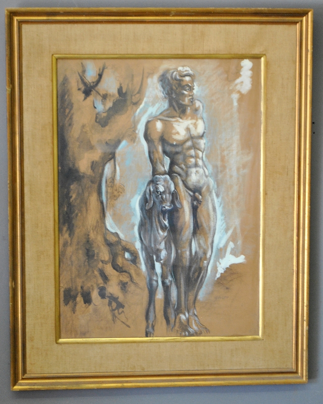 Appraisal: - Gouache of a male nude standing next to a