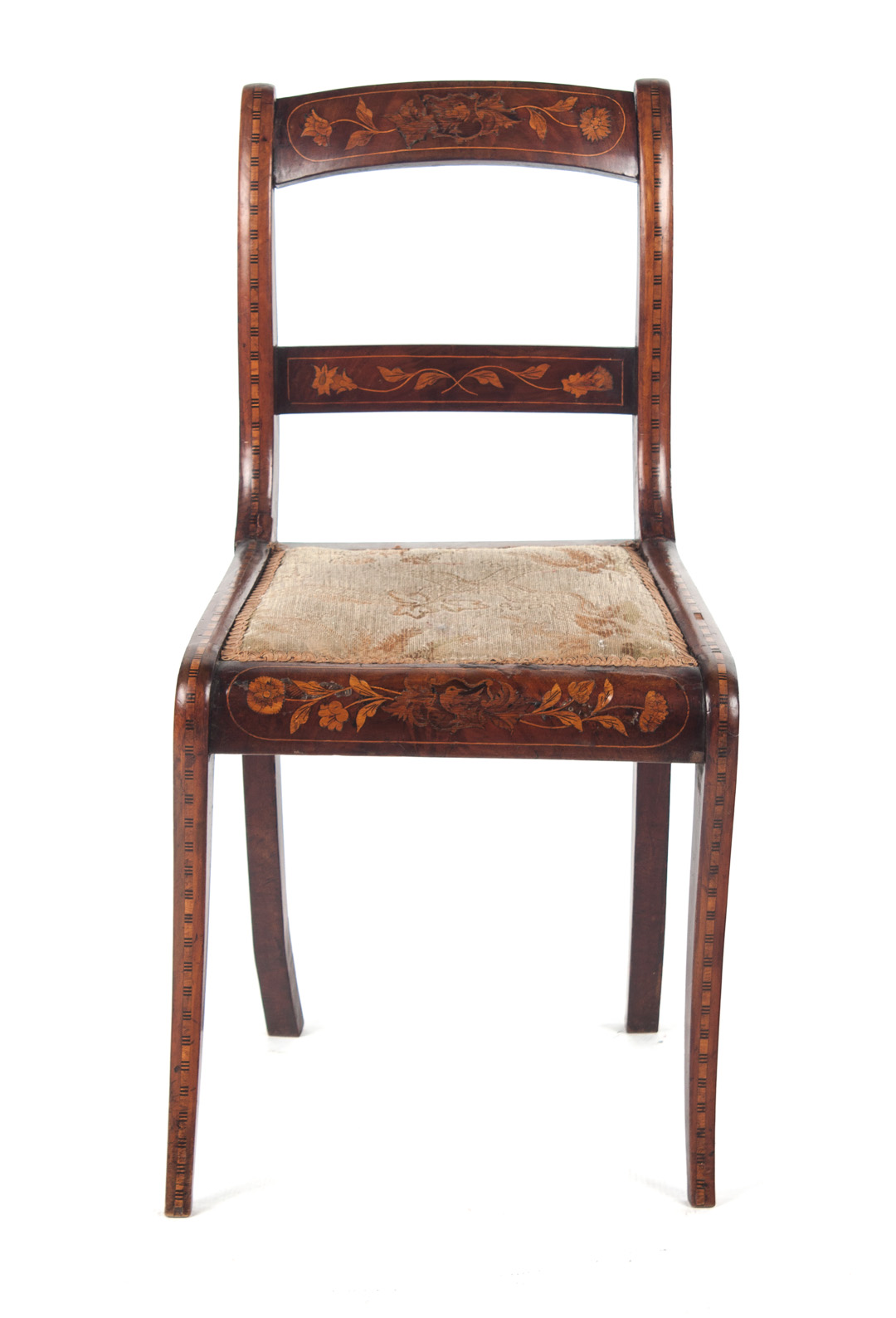 Appraisal: Dutch marquetry inlaid rosewood chair th century Klismos style elaborate