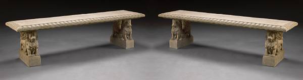 Appraisal: A pair of Neoclassical style granite figural garden benches Each