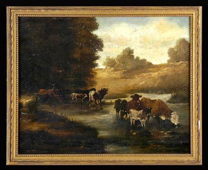 Appraisal: EUROPEAN SCHOOL CATTLE IN THE RIVER Oil on canvas relined