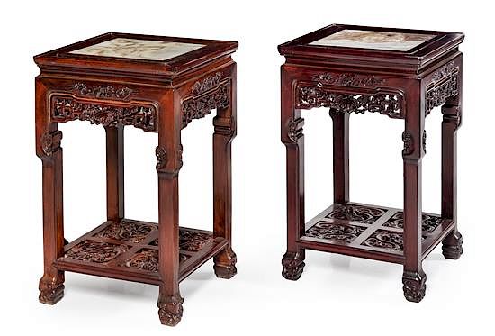 Appraisal: A Pair of Dreams Stone Inset Hongmu Side Stands Height