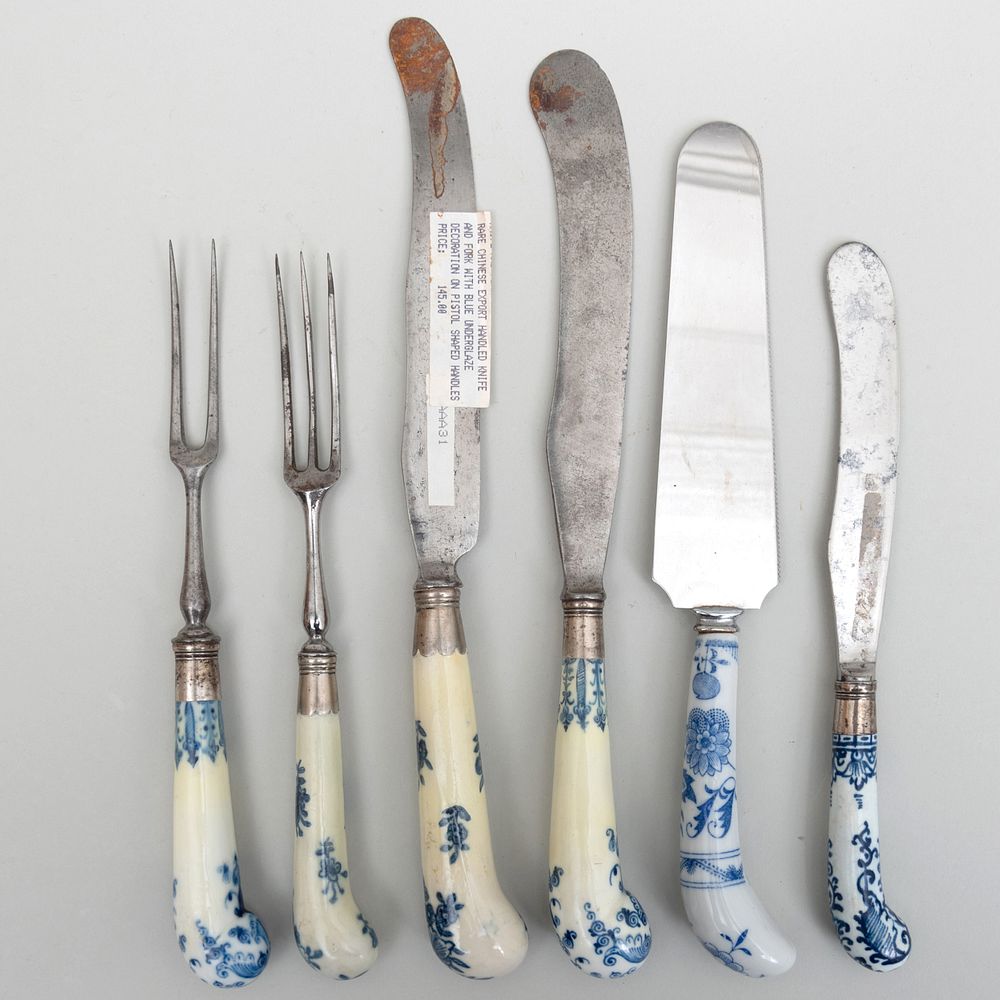 Appraisal: Two pairs of Blue and White Porcelain Mounted Knife and