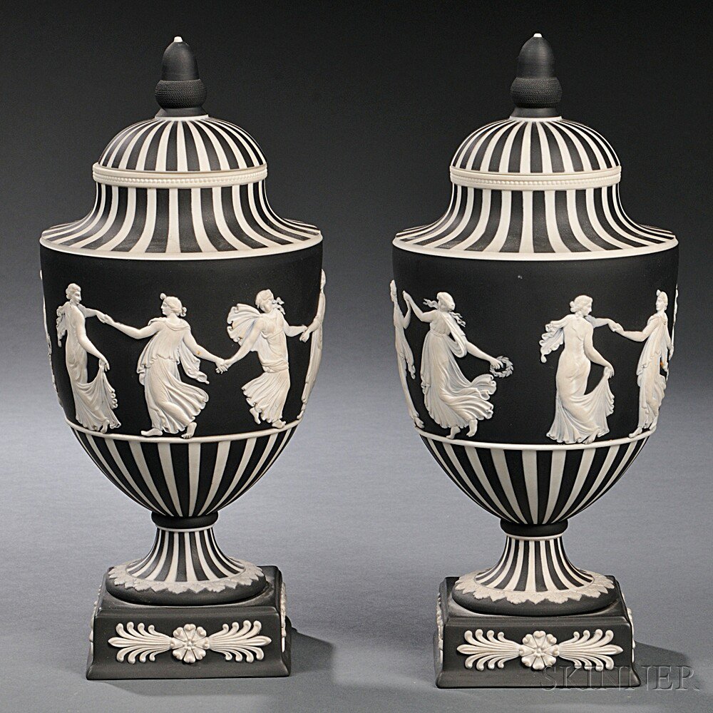 Appraisal: Pair of Wedgwood Black Jasper Dip Dancing Hours Vases and