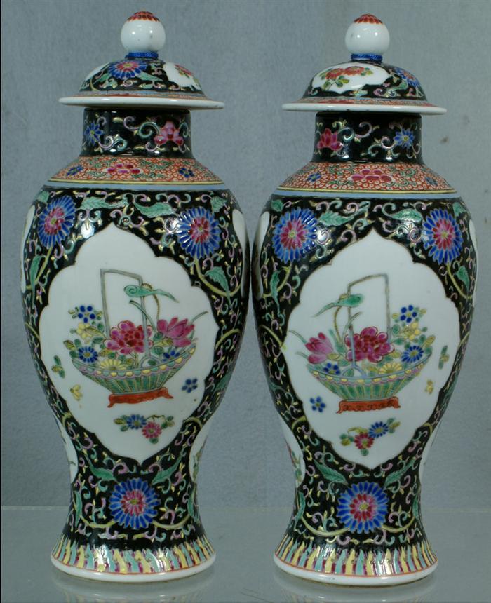 Appraisal: Pair of Famille Noire covered jars nicely decorated with Famille