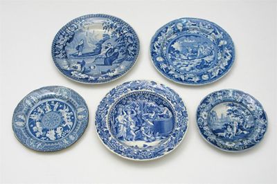 Appraisal: Five blue and white plates or dishes printed with scenes