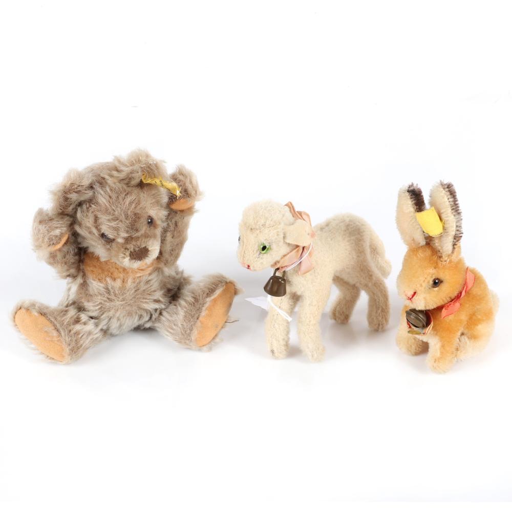 Appraisal: THREE SMALL STEIFF MOHAIR PLUSH ANIMALS 'COSY' JOINTED SHAGGY TEDDY