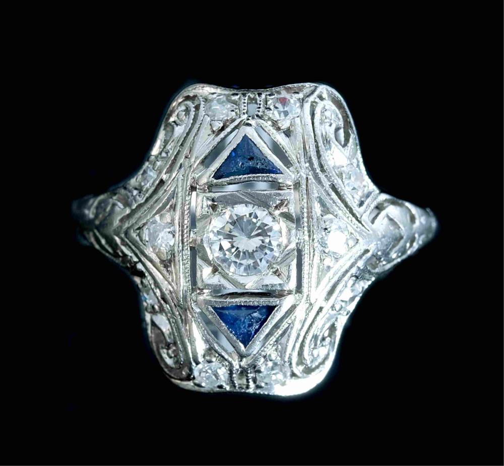 Appraisal: ART DECO STYLE PLATINUM DIAMOND SAPPHIRE RINGArt Deco style diamond