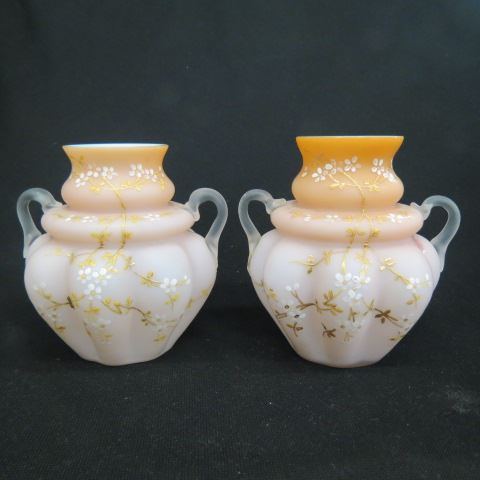 Appraisal: Pair of Enameled Satin Art Glass Vases peach with ribbed