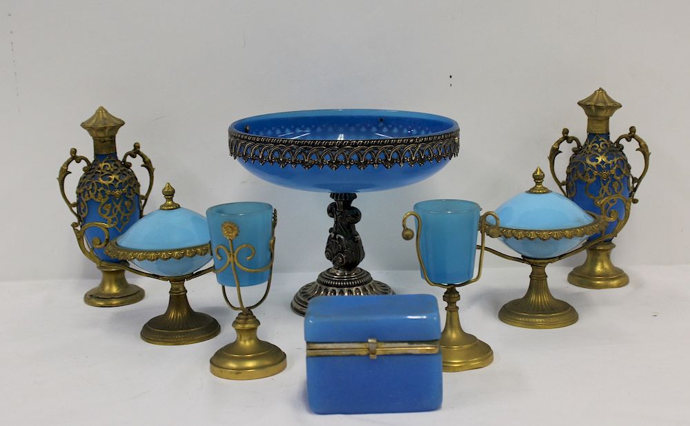 Appraisal: A Grouping of Bronze and Silver Mounted Opaline To include