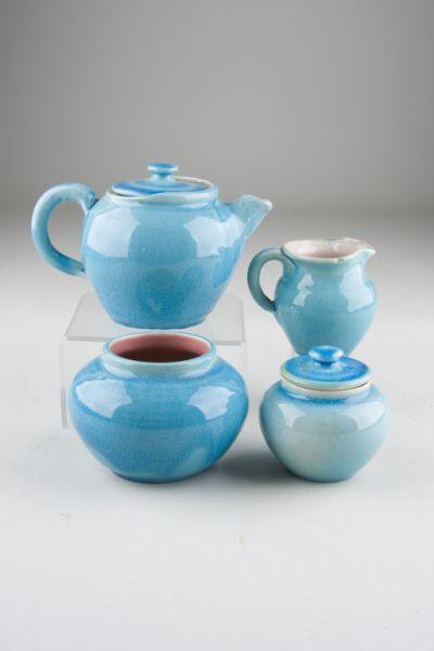 Appraisal: Pisgah Forest Pottery Assembled Tea Set turquoise crackle glaze including