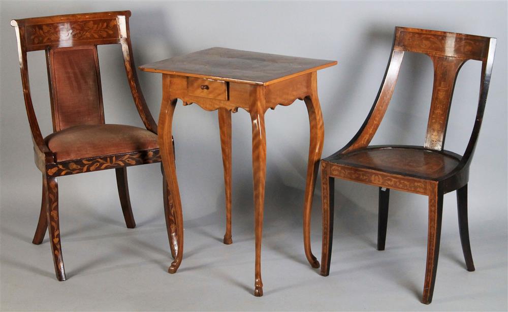 Appraisal: TWO CLASSICAL MARQUETRY CHAIRS AND A MARQUETRY TABLE the chairs