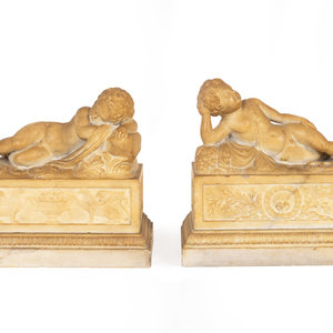 Appraisal: A Pair of Marble Models of Sleeping Cherubs on Plinths