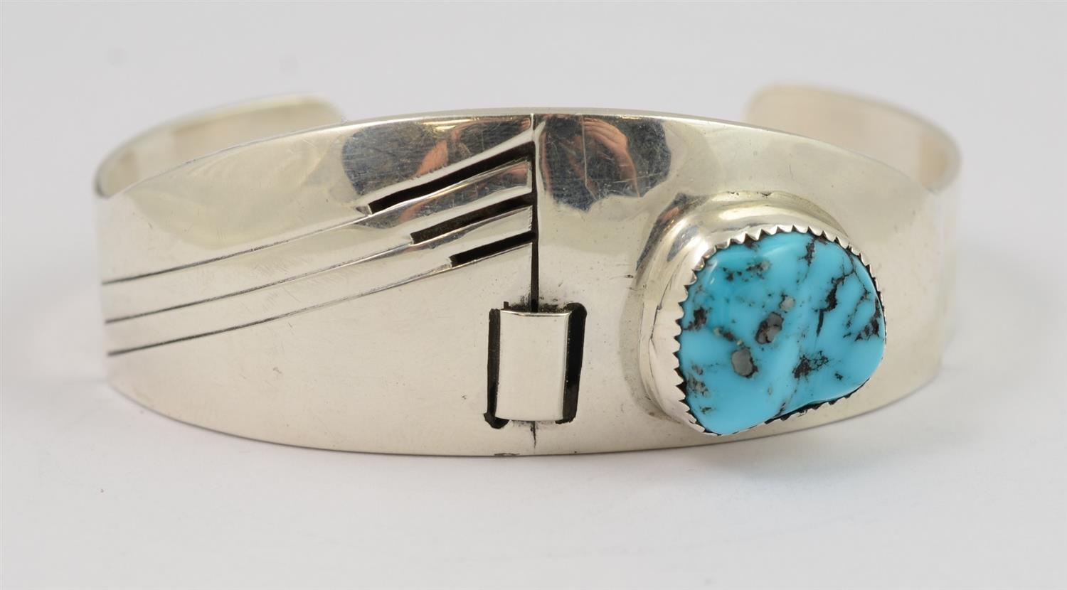 Appraisal: Allan McCabe modernist Navajo sterling Kingman turquoise cuff bracelet w