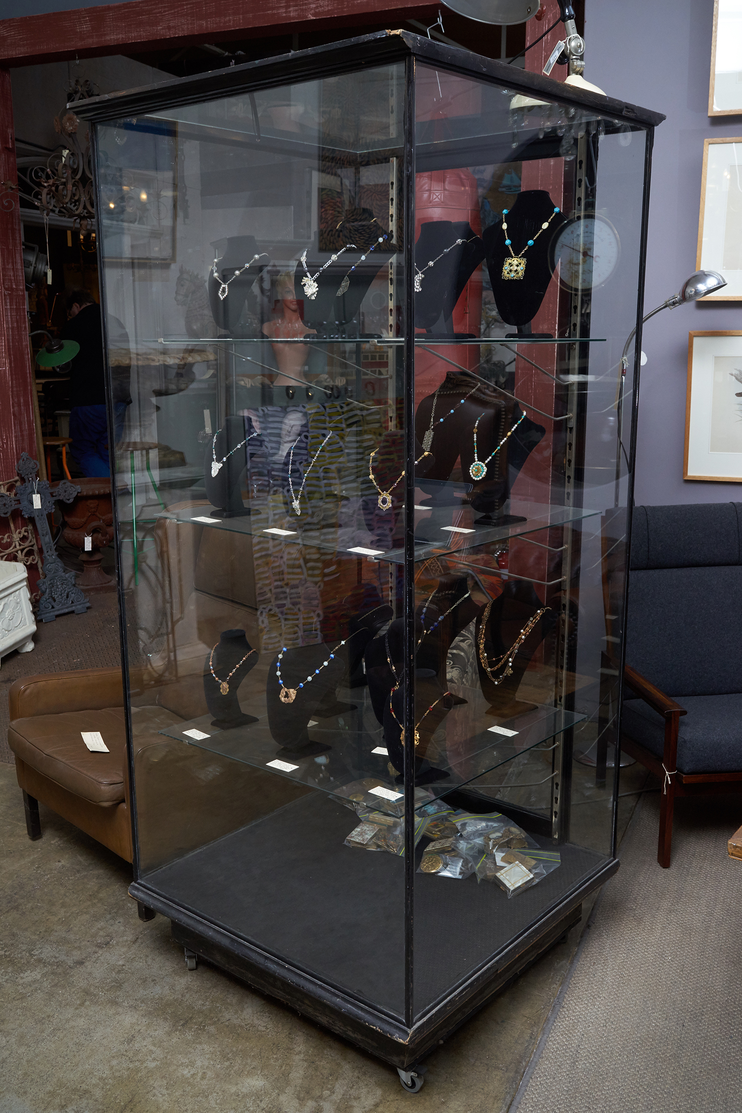 Appraisal: A s EBONISED DISPLAY CASE Original glass three shelves on