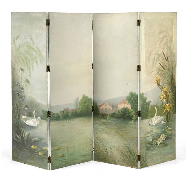 Appraisal: A French painted oil on canvas four-panel floor screen Camille