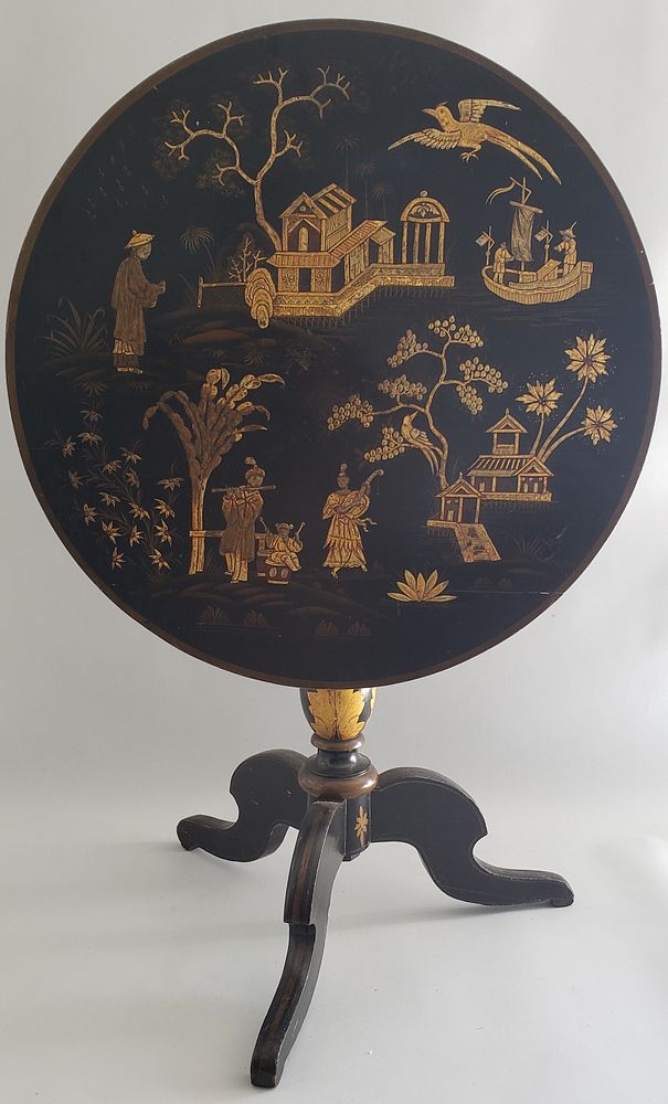 Appraisal: Chinoiserie Black and Gilt Decorated Tilt Top Table Chinoiserie Black