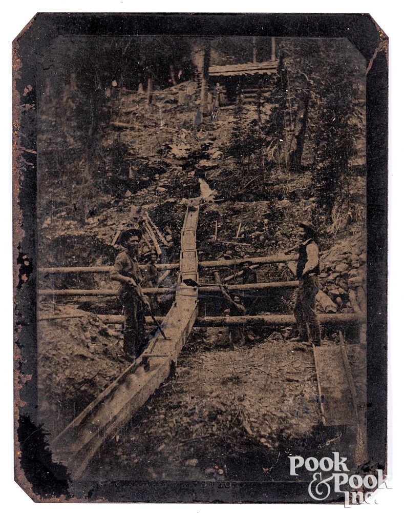 Appraisal: Quarter-plate tintype photograph of a mining scene Quarter-plate tintype photograph