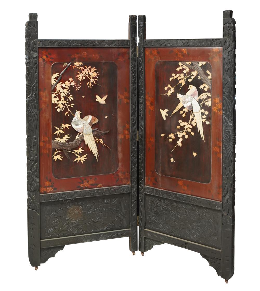 Appraisal: JAPANESE TWO-PANEL SCREENeach red lacquered panel applied with carved wood