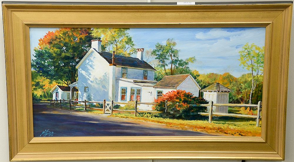 Appraisal: Biff Heins th century oil on board white farmhouse landscape