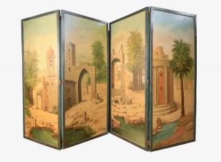 Appraisal: A Four Panel Painted Screen Depicting an Exotic Landscape oil