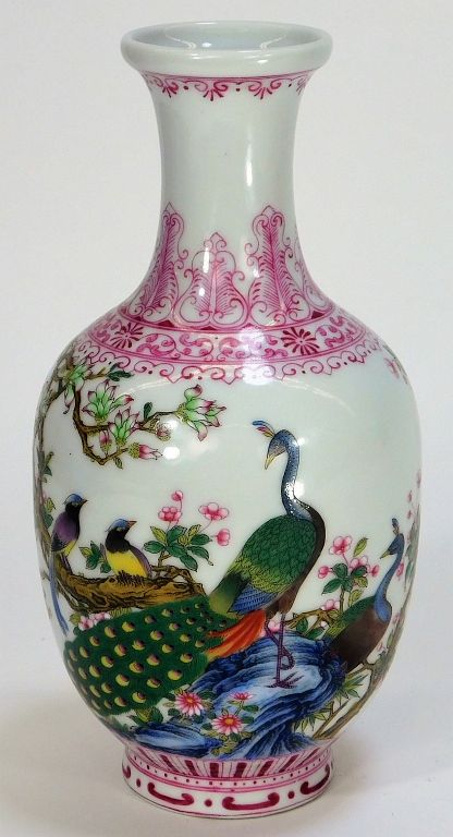 Appraisal: Chinese Famille Rose Peacock Vase China th Century Baluster form