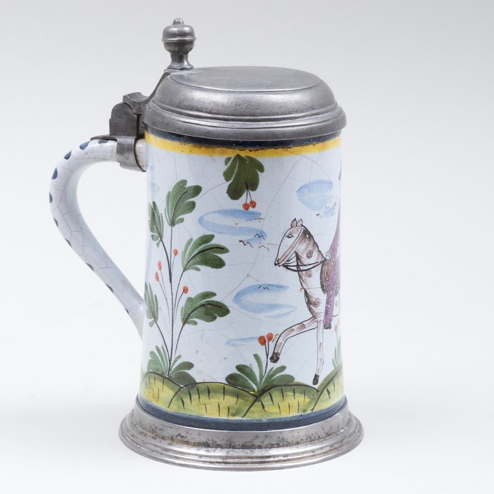 Appraisal: Pewter Mounted Dutch Delft Tankard and Cover in high Condition