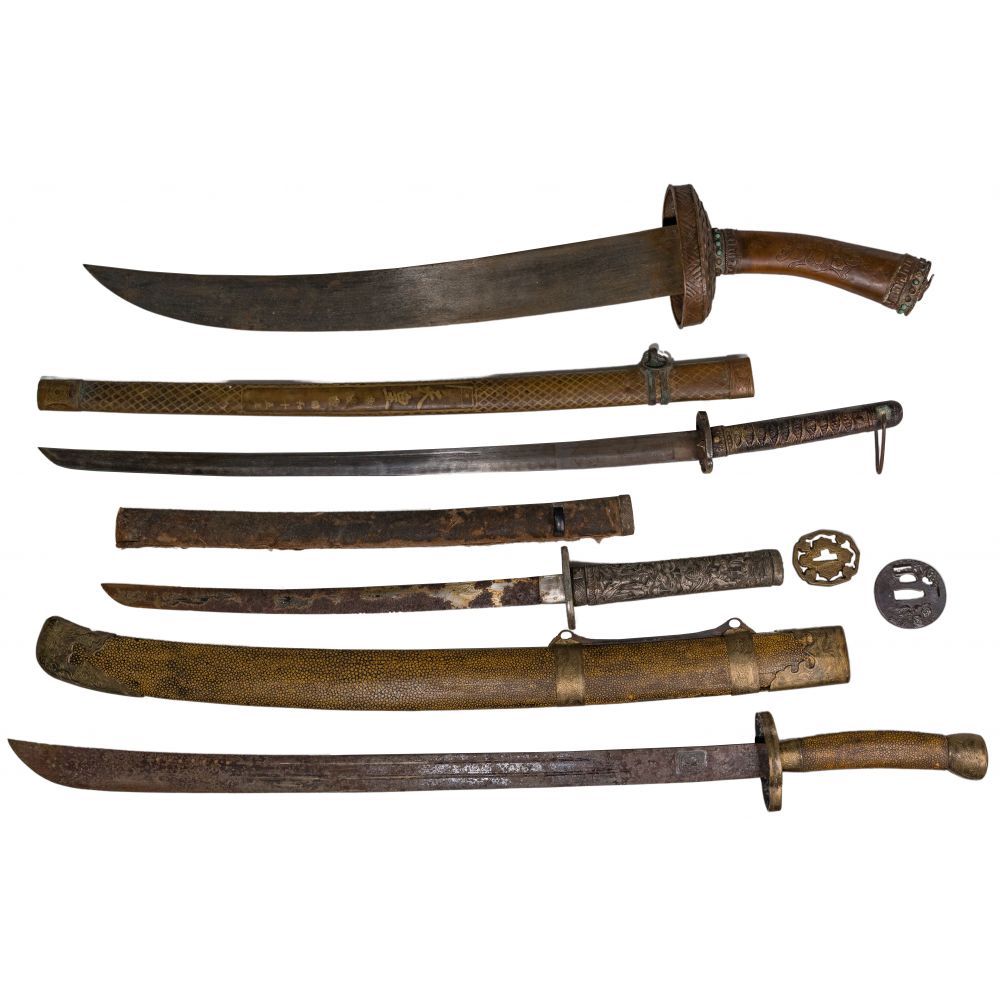 Appraisal: CHINESE SWORD ASSORTMENT items including broadswords kung fu swords with